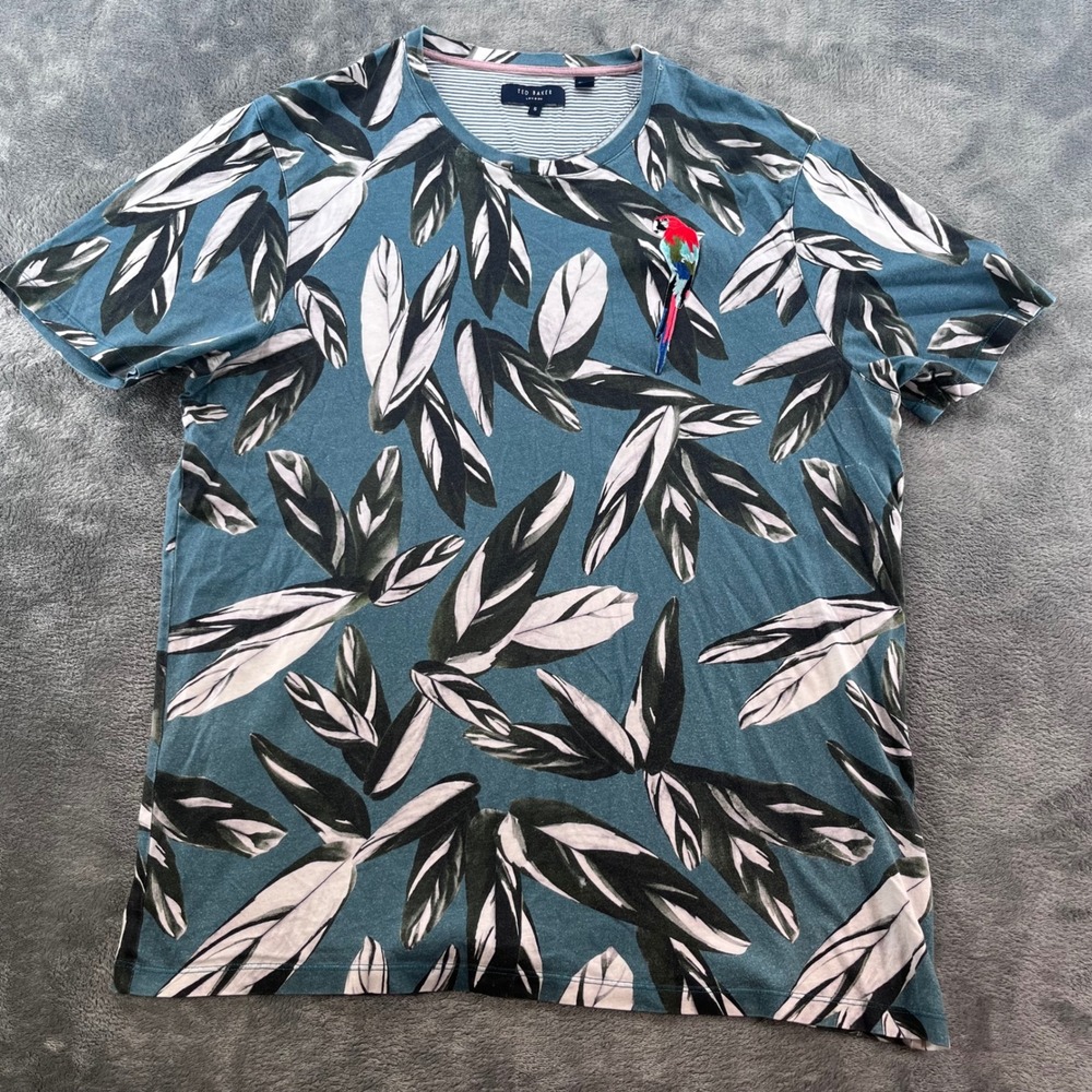 Ted Baker Mens Tropical Leaf Parrot Patch T-Shirt Teal Blue Cotton Size 5 XL